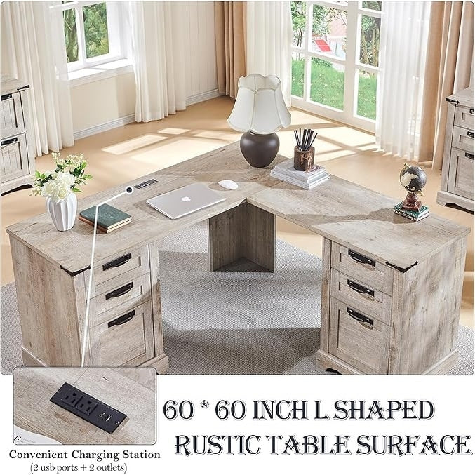 Bureau de direction en forme de L de style farmhouse, 60 pouces, bureau d'angle en bois, bureau d'ordinateur