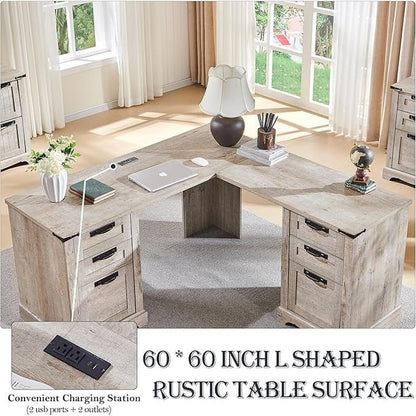 Bureau de direction en forme de L de style farmhouse, 60 pouces, bureau d'angle en bois, bureau d'ordinateur