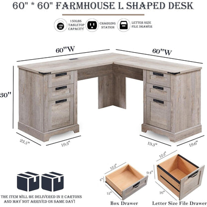Bureau de direction en forme de L de style farmhouse, 60 pouces, bureau d'angle en bois, bureau d'ordinateur
