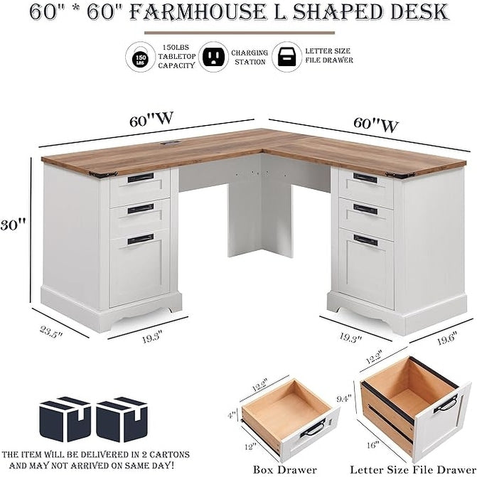 Bureau de direction en forme de L de style farmhouse, 60 pouces, bureau d'angle en bois, bureau d'ordinateur