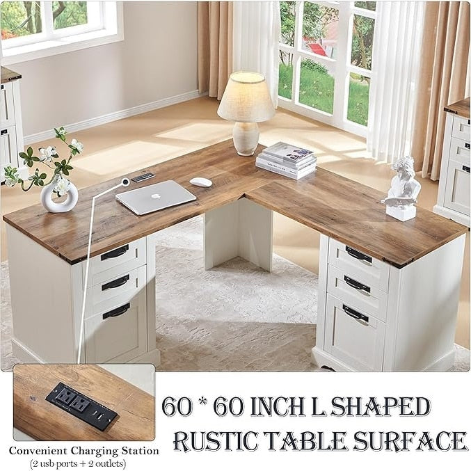 Bureau de direction en forme de L de style farmhouse, 60 pouces, bureau d'angle en bois, bureau d'ordinateur