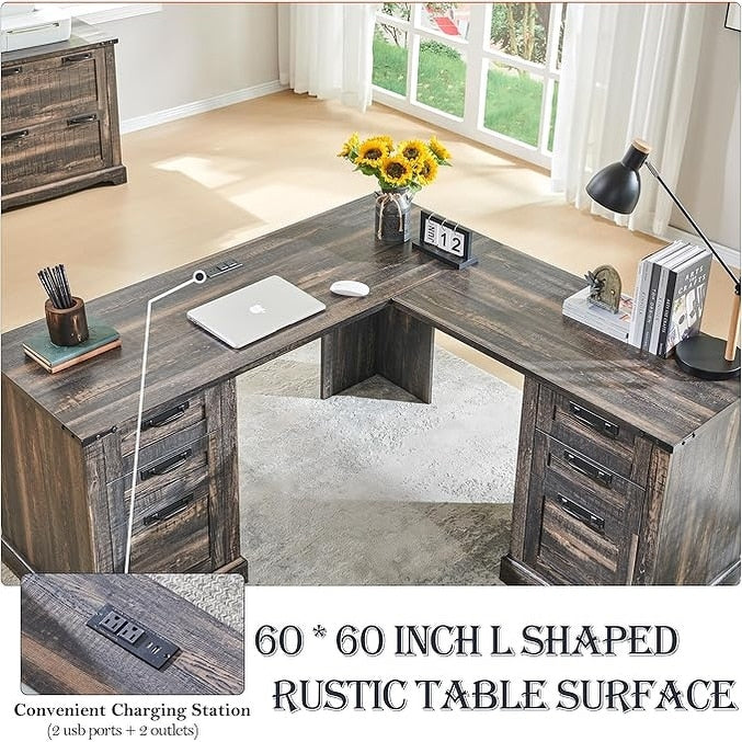 Bureau de direction en forme de L de style farmhouse, 60 pouces, bureau d'angle en bois, bureau d'ordinateur