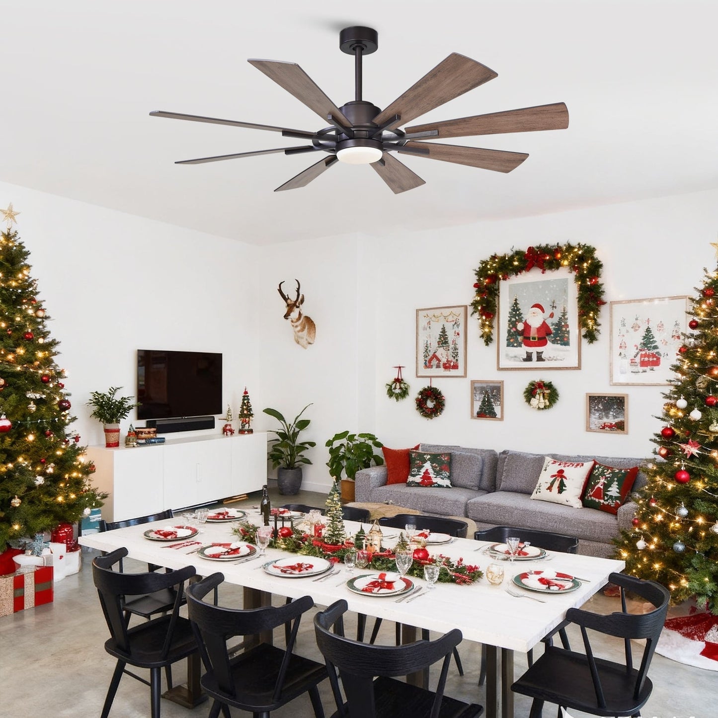Ventilateur de plafond à 60 pouces en bronze huilé, grand modèle, avec éclairage et télécommande.