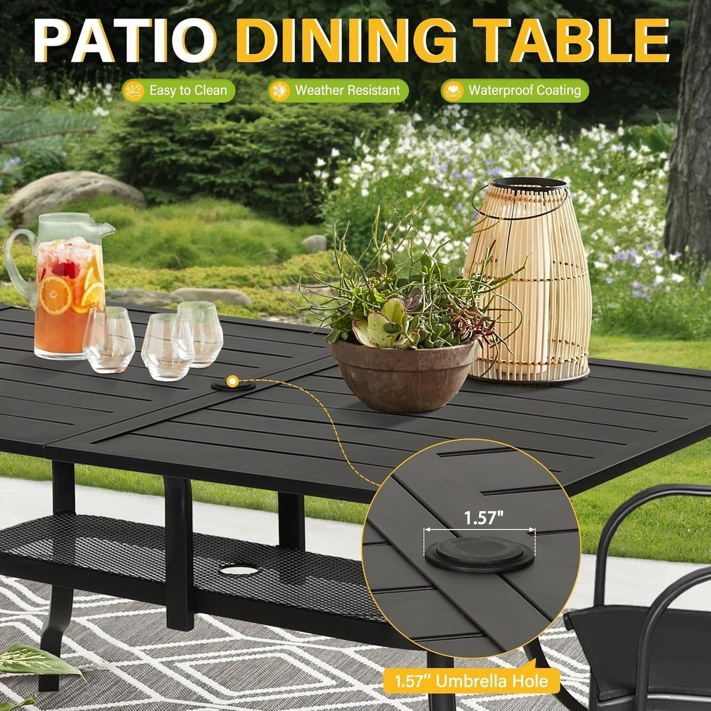 Table rectangulaire de salle à manger en métal à lattes pour extérieur, avec trou pour parasol, 60 x 37 pouces, pour 6 personnes