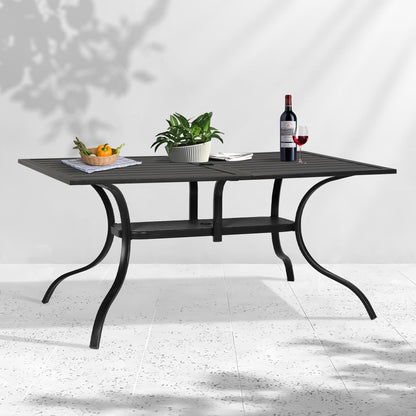 Table rectangulaire de salle à manger en métal à lattes pour extérieur, avec trou pour parasol, 60 x 37 pouces, pour 6 personnes