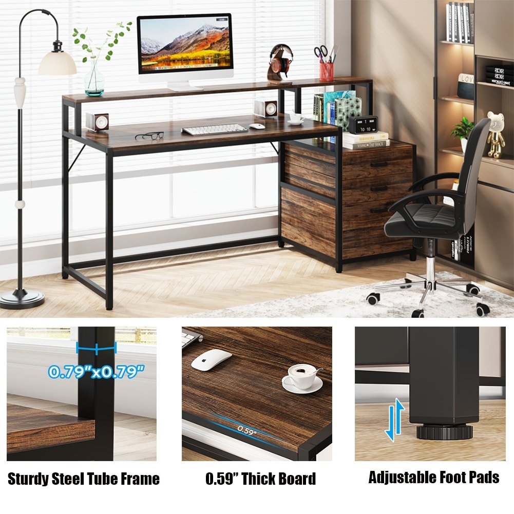 Bureau d'ordinateur de 63 pouces avec support de moniteur, bureau de travail ergonomique pour la maison avec tiroirs et armoire à dossiers.