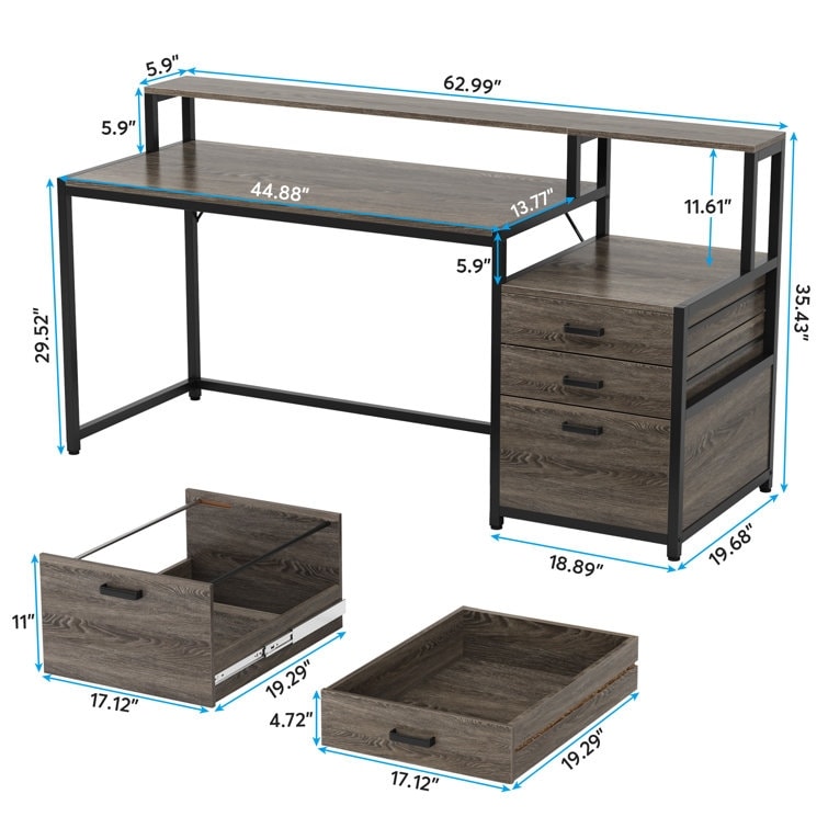 Bureau d'ordinateur de 63 pouces avec support de moniteur, bureau de travail ergonomique pour la maison avec tiroirs et armoire à dossiers.