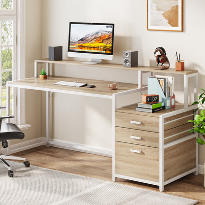 Bureau d'ordinateur de 63 pouces avec support de moniteur, bureau de travail ergonomique pour la maison avec tiroirs et armoire à dossiers.
