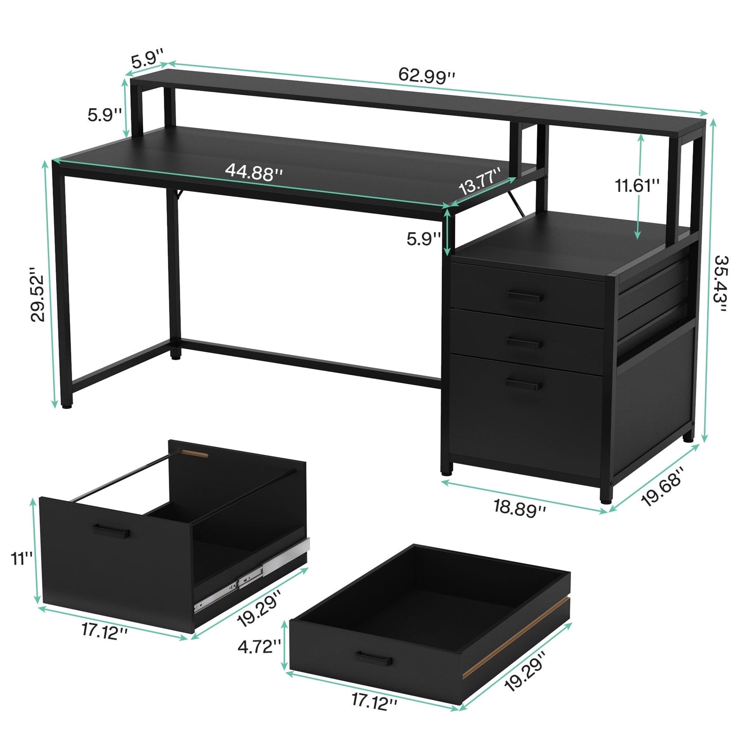 Bureau d'ordinateur de 63 pouces avec support de moniteur, bureau de travail ergonomique pour la maison avec tiroirs et armoire à dossiers.