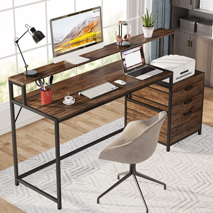 Bureau d'ordinateur de 63 pouces avec support de moniteur, bureau de travail ergonomique pour la maison avec tiroirs et armoire à dossiers.
