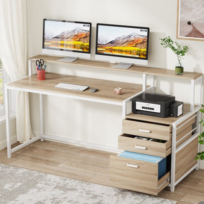 Bureau d'ordinateur de 63 pouces avec support de moniteur, bureau de travail ergonomique pour la maison avec tiroirs et armoire à dossiers.