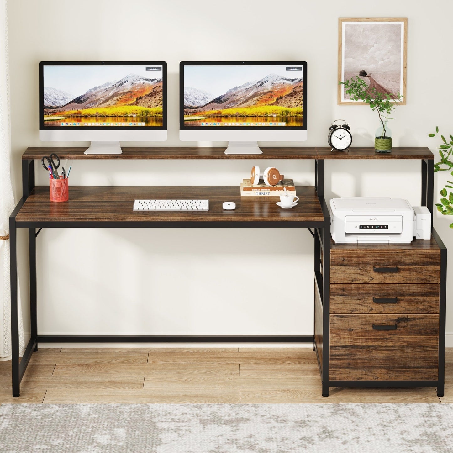 Bureau d'ordinateur de 63 pouces avec support de moniteur, bureau de travail ergonomique pour la maison avec tiroirs et armoire à dossiers.