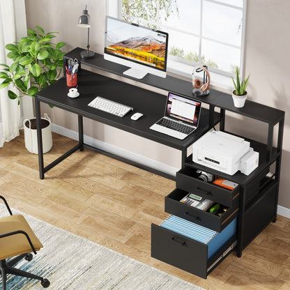 Bureau d'ordinateur de 63 pouces avec support de moniteur, bureau de travail ergonomique pour la maison avec tiroirs et armoire à dossiers.