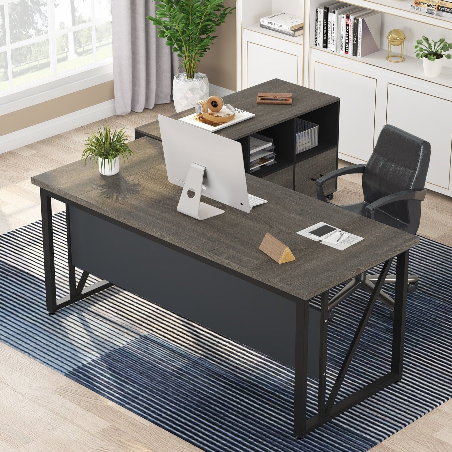 Bureau d'ordinateur en forme de L de 63 pouces avec meuble à dossiers latéral de 47 pouces, ensemble de bureau pour maison et bureau de direction.