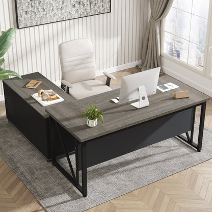 Bureau d'ordinateur en forme de L de 63 pouces avec meuble à dossiers latéral de 47 pouces, ensemble de bureau pour maison et bureau de direction.