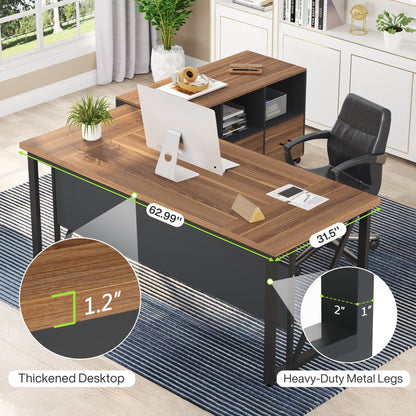 Bureau d'ordinateur en forme de L de 63 pouces avec meuble à dossiers latéral de 47 pouces, ensemble de bureau pour maison et bureau de direction.