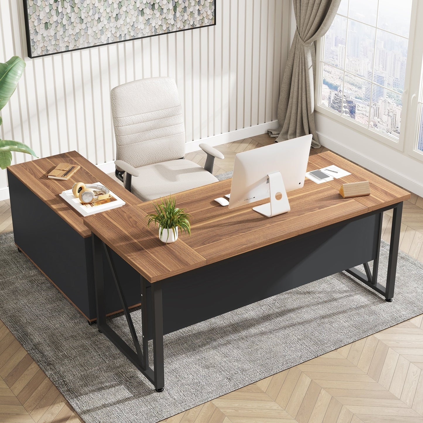 Bureau d'ordinateur en forme de L de 63 pouces avec meuble à dossiers latéral de 47 pouces, ensemble de bureau pour maison et bureau de direction.