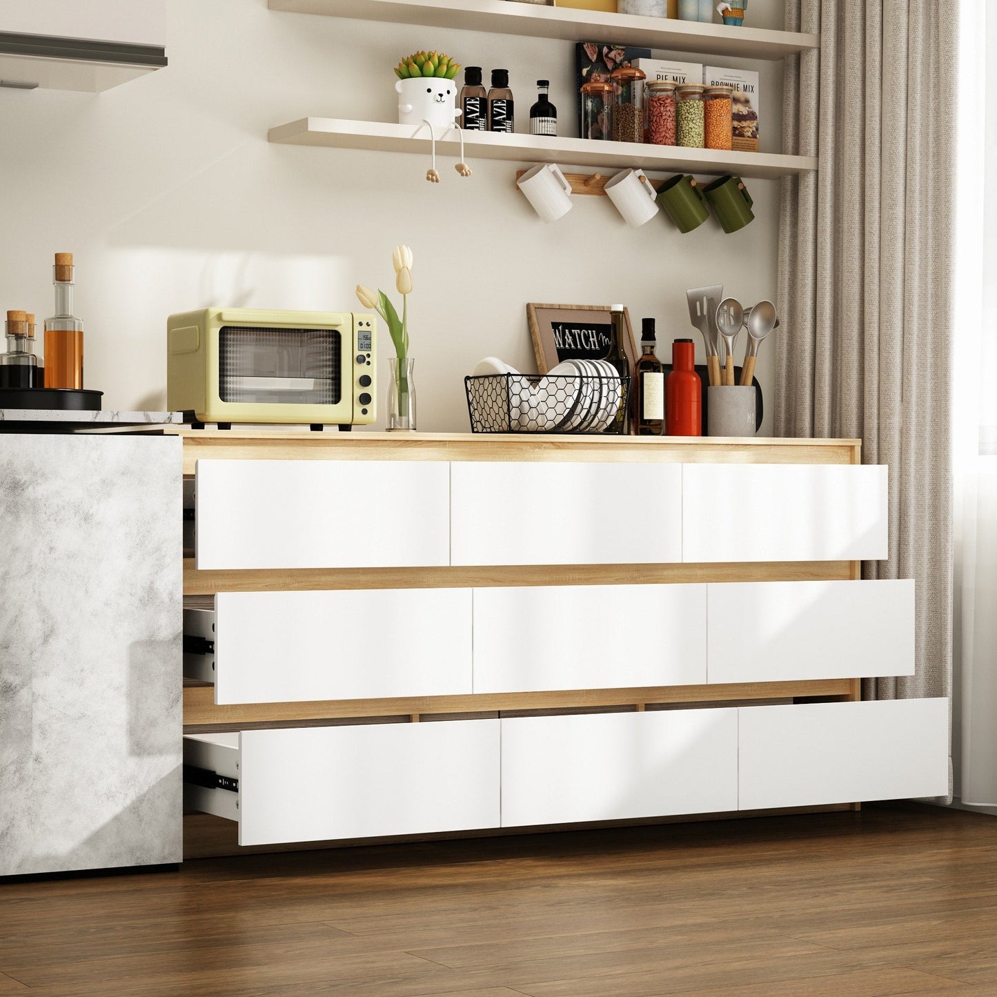 Meuble de rangement à 9 tiroirs, 63W, pour salon ou chambre à coucher.