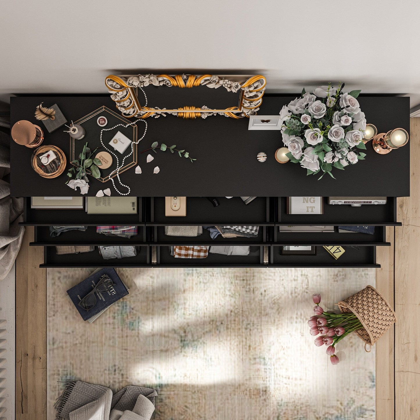 Meuble de rangement à 9 tiroirs, 63W, pour salon ou chambre à coucher.