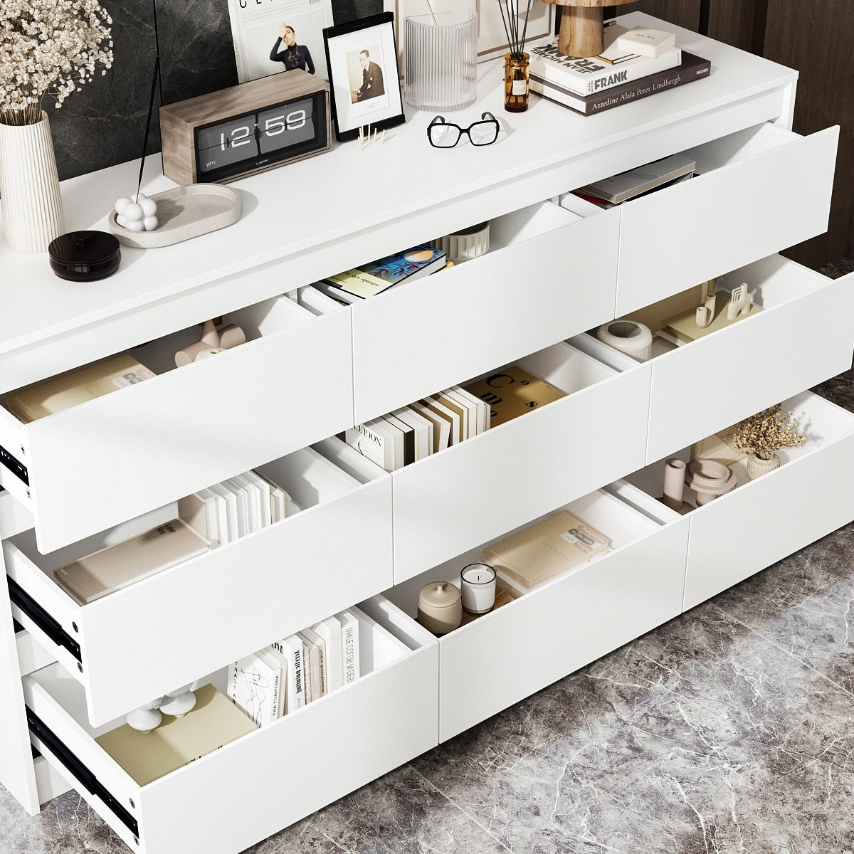 Meuble de rangement à 9 tiroirs, 63W, pour salon ou chambre à coucher.