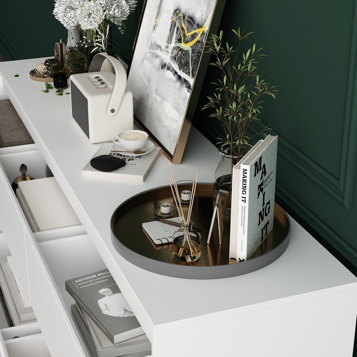 Meuble de rangement à 9 tiroirs, 63W, pour salon ou chambre à coucher.