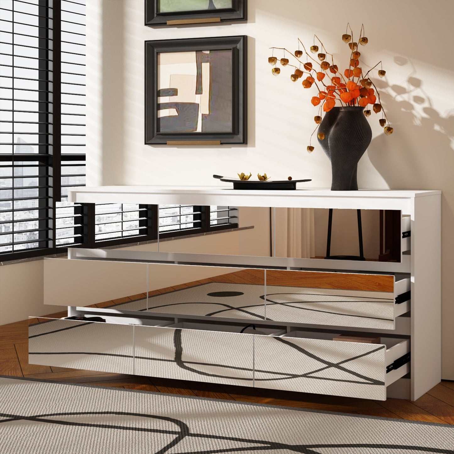 Meuble de rangement à 9 tiroirs, 63W, pour salon ou chambre à coucher.