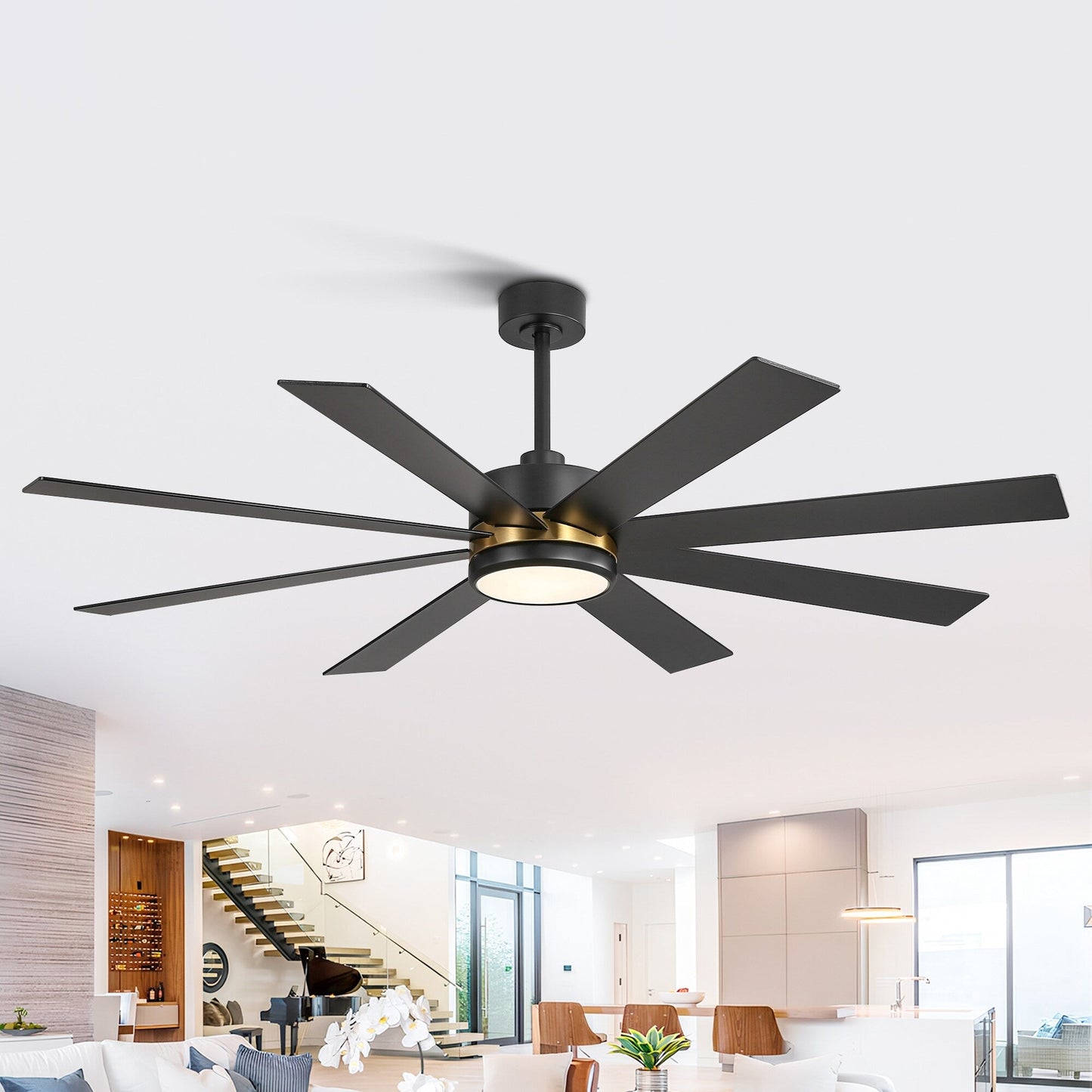 Ventilateur de plafond à LED noir à 8 pales de 65 pouces avec lumière et télécommande