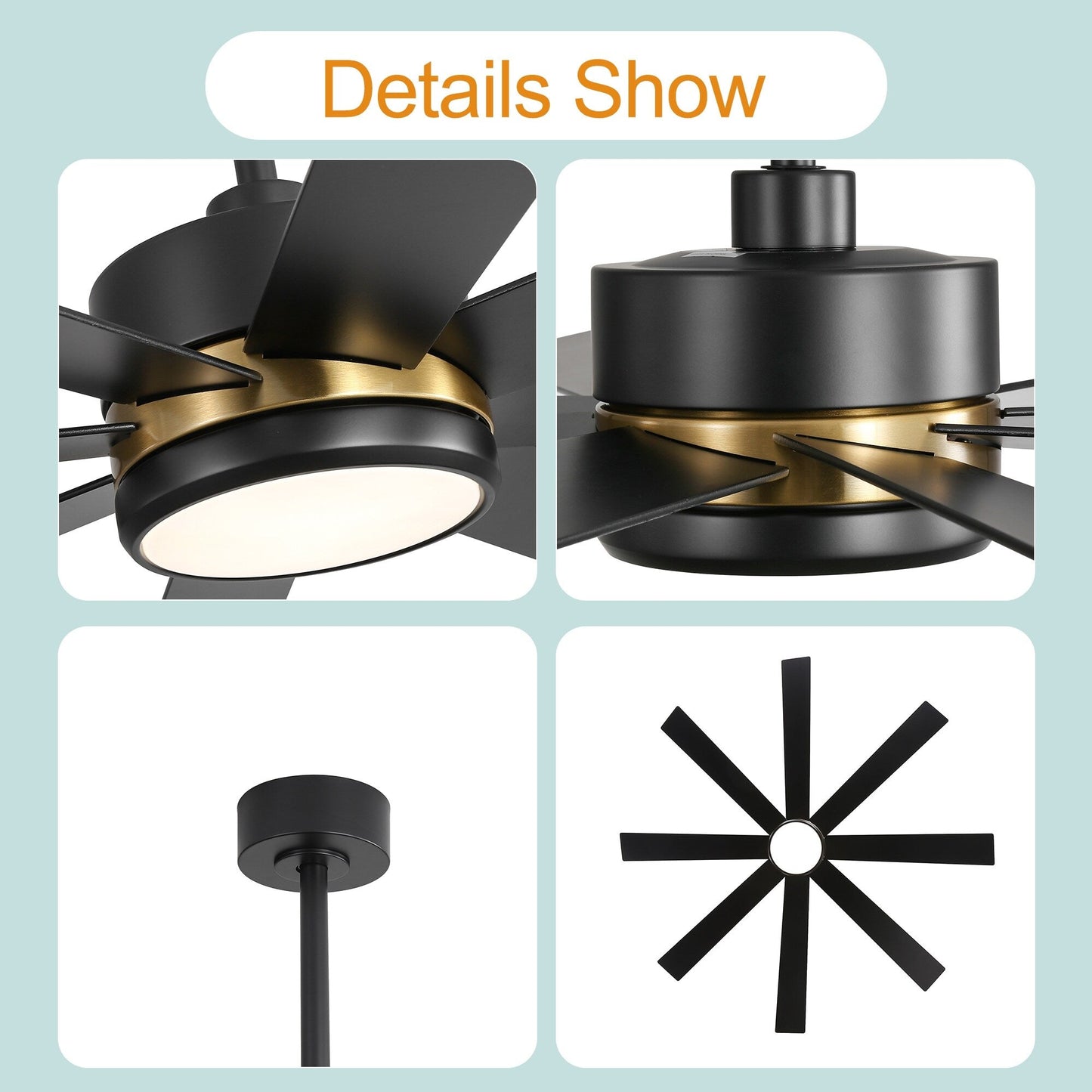 Ventilateur de plafond à LED noir à 8 pales de 65 pouces avec lumière et télécommande