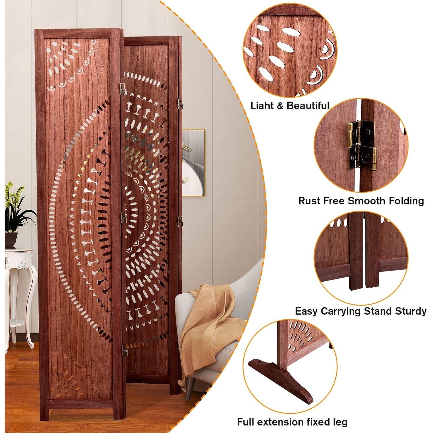 Paravent pliable en bois massif, 165 cm de hauteur