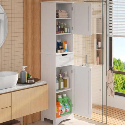 Armoire à linge étroite pour salle de bain, 170 cm de hauteur, armoire de rangement à 5 niveaux en bois massif, modèle autoportant.