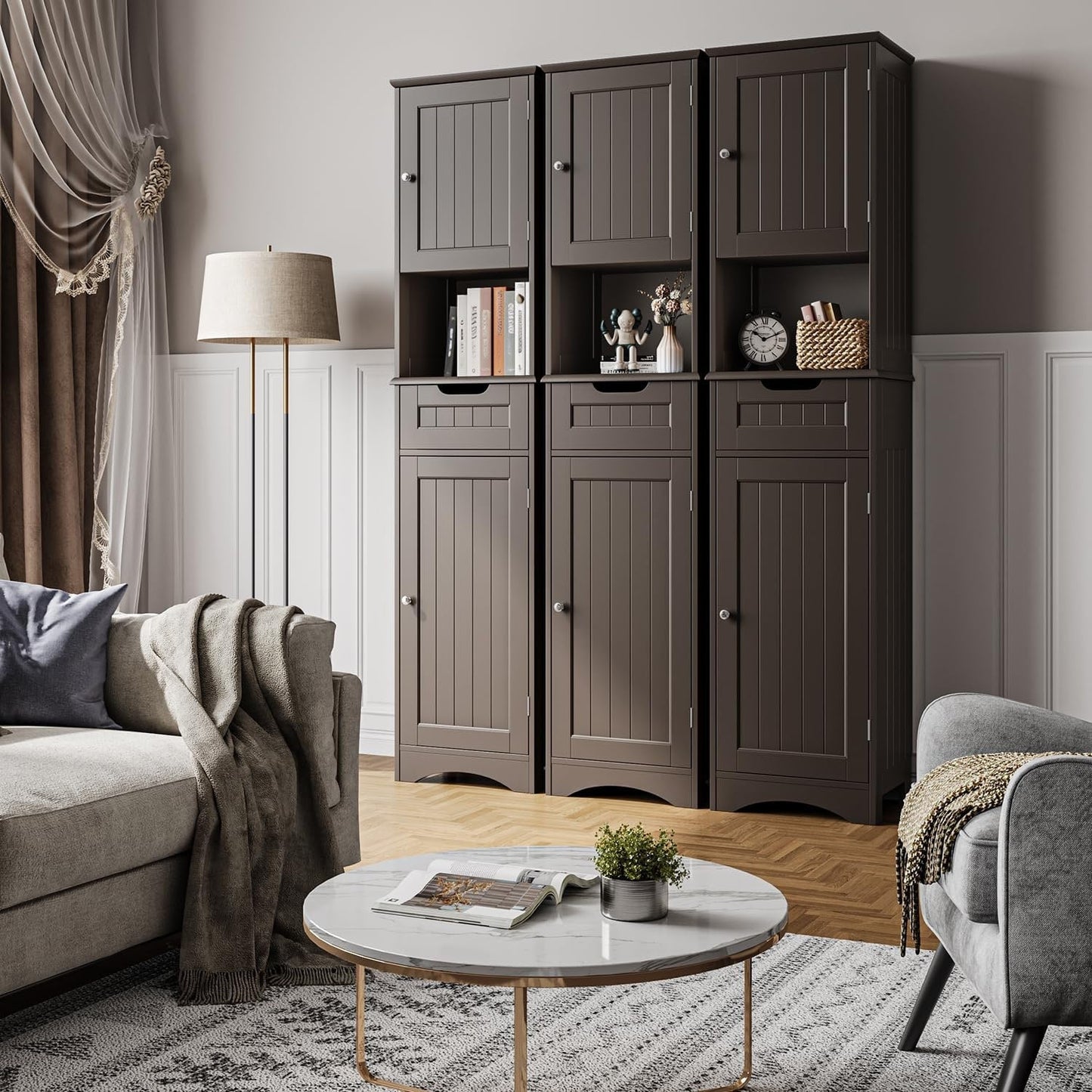 Armoire à linge étroite pour salle de bain, 170 cm de hauteur, armoire de rangement à 5 niveaux en bois massif, modèle autoportant.