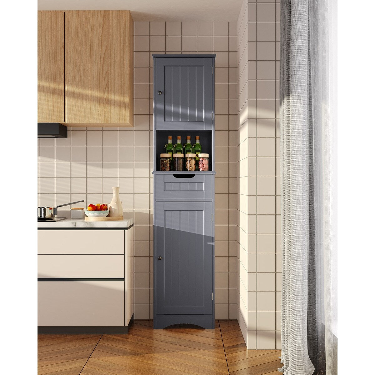 Armoire à linge étroite pour salle de bain, 170 cm de hauteur, armoire de rangement à 5 niveaux en bois massif, modèle autoportant.