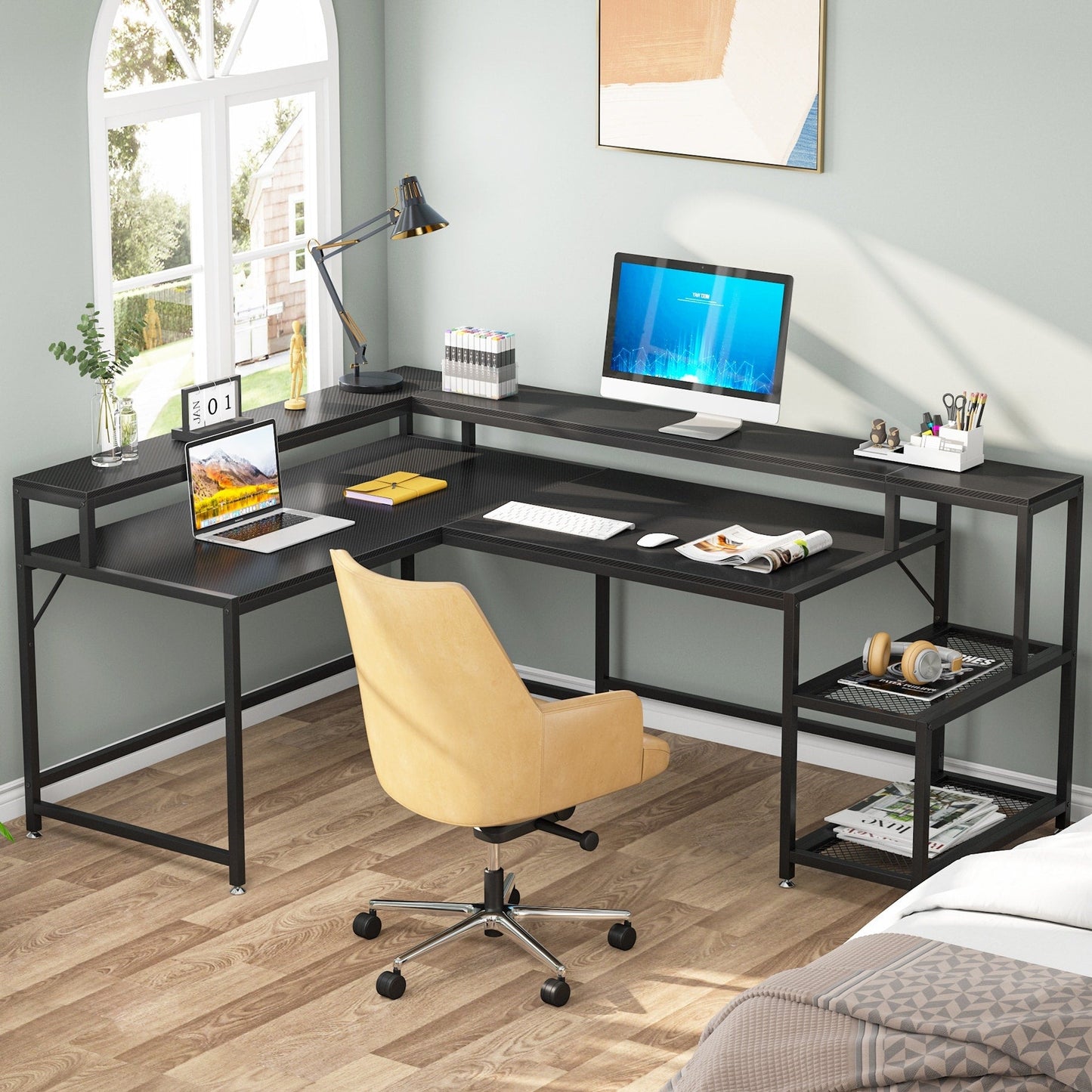 Bureau en forme de L avec étagère pour écran, bureau d'ordinateur d'angle réversible pour bureau à domicile 69