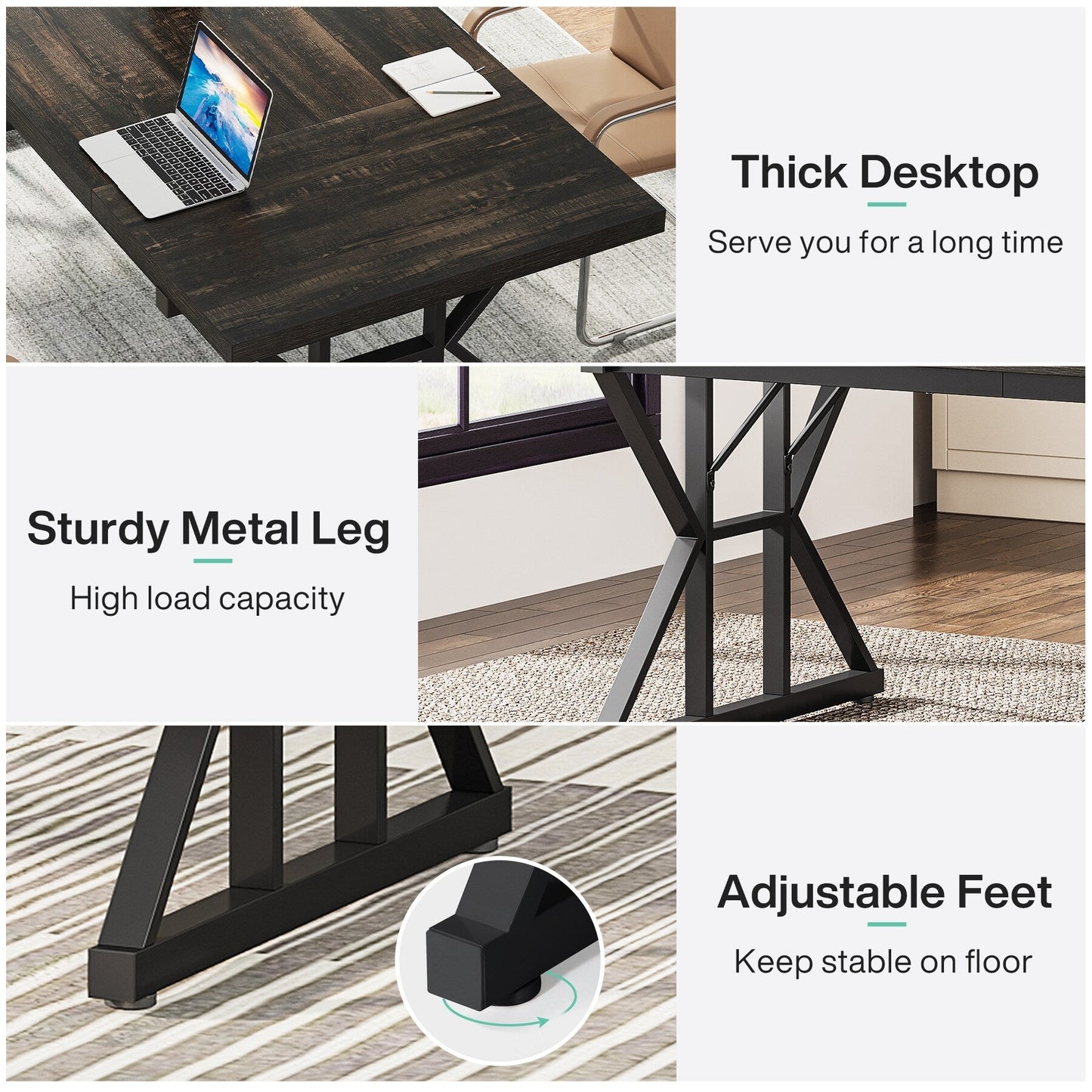 Bureau de direction de 70,8 pouces, grand bureau d'ordinateur, poste de travail.