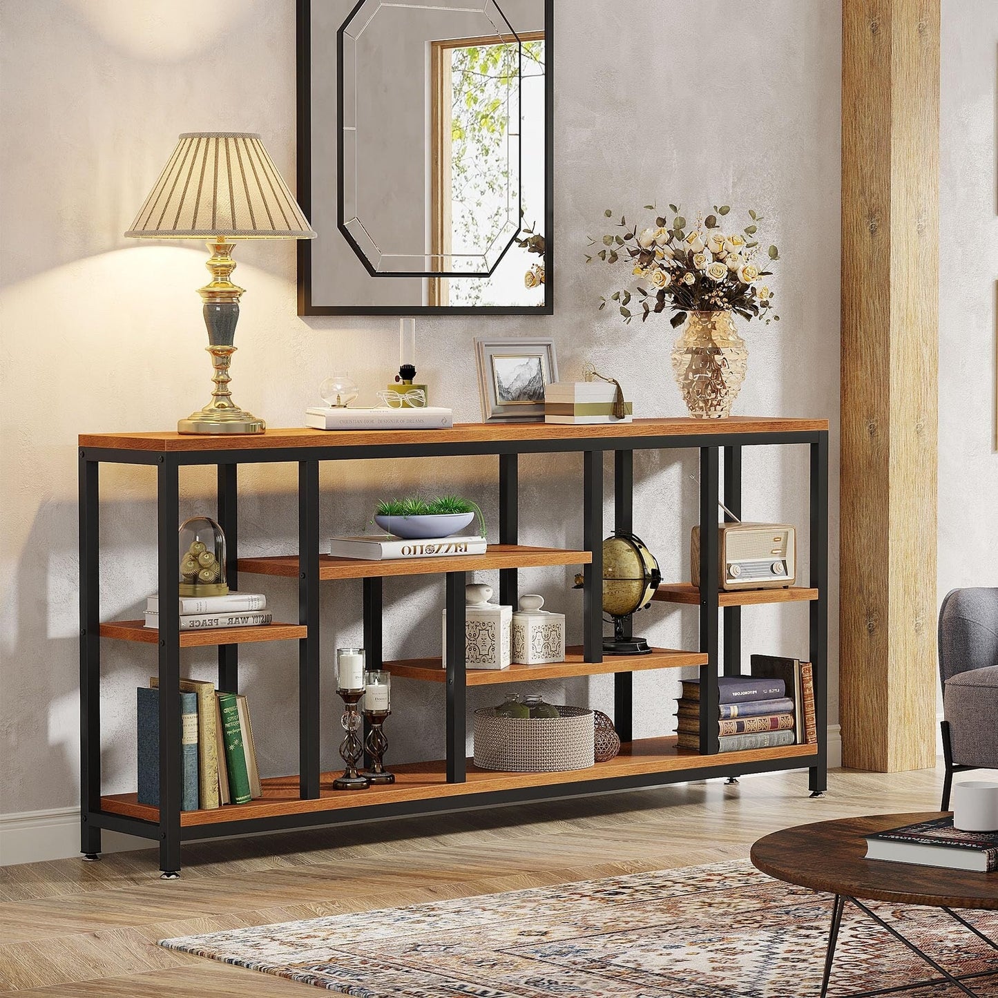 Table console de canapé de 180 cm avec rangement, table d'entrée à 3 niveaux pour couloir