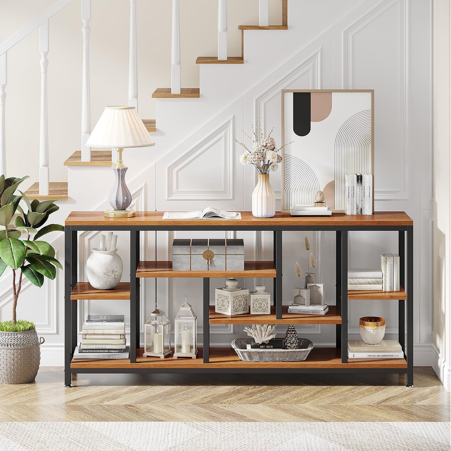 Table console de canapé de 180 cm avec rangement, table d'entrée à 3 niveaux pour couloir