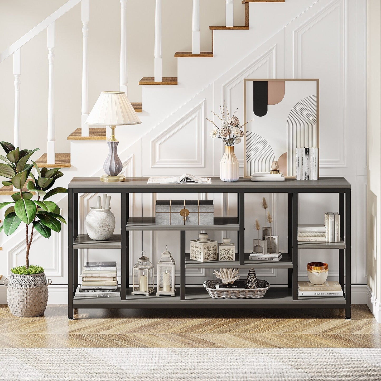 Table console de canapé de 180 cm avec rangement, table d'entrée à 3 niveaux pour couloir