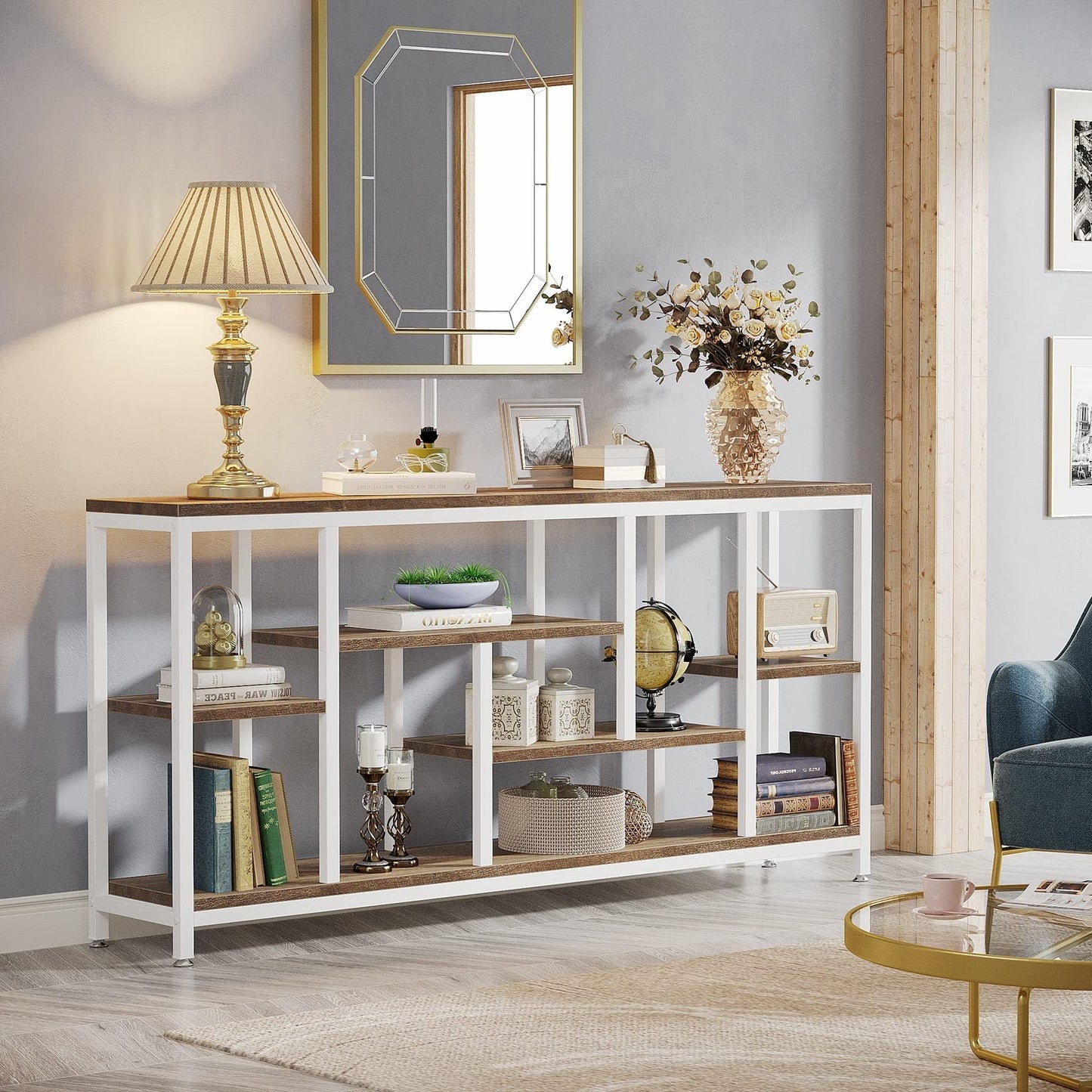 Table console de canapé de 180 cm avec rangement, table d'entrée à 3 niveaux pour couloir