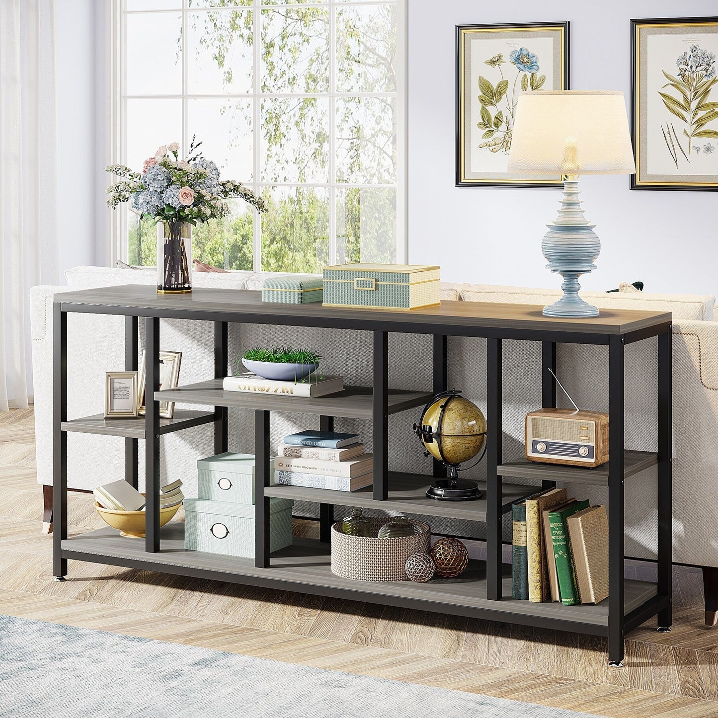 Table console de canapé de 180 cm avec rangement, table d'entrée à 3 niveaux pour couloir