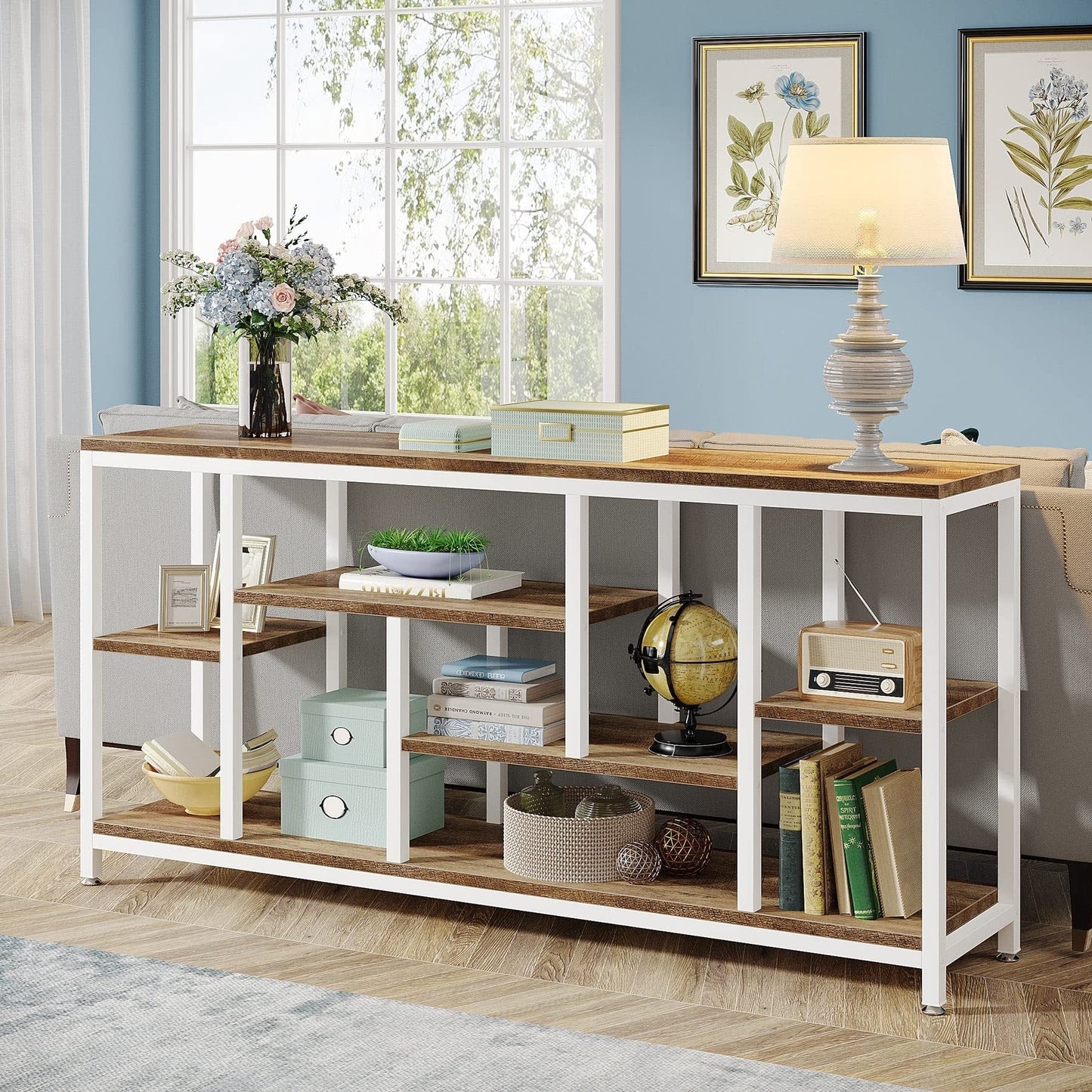 Table console de canapé de 180 cm avec rangement, table d'entrée à 3 niveaux pour couloir