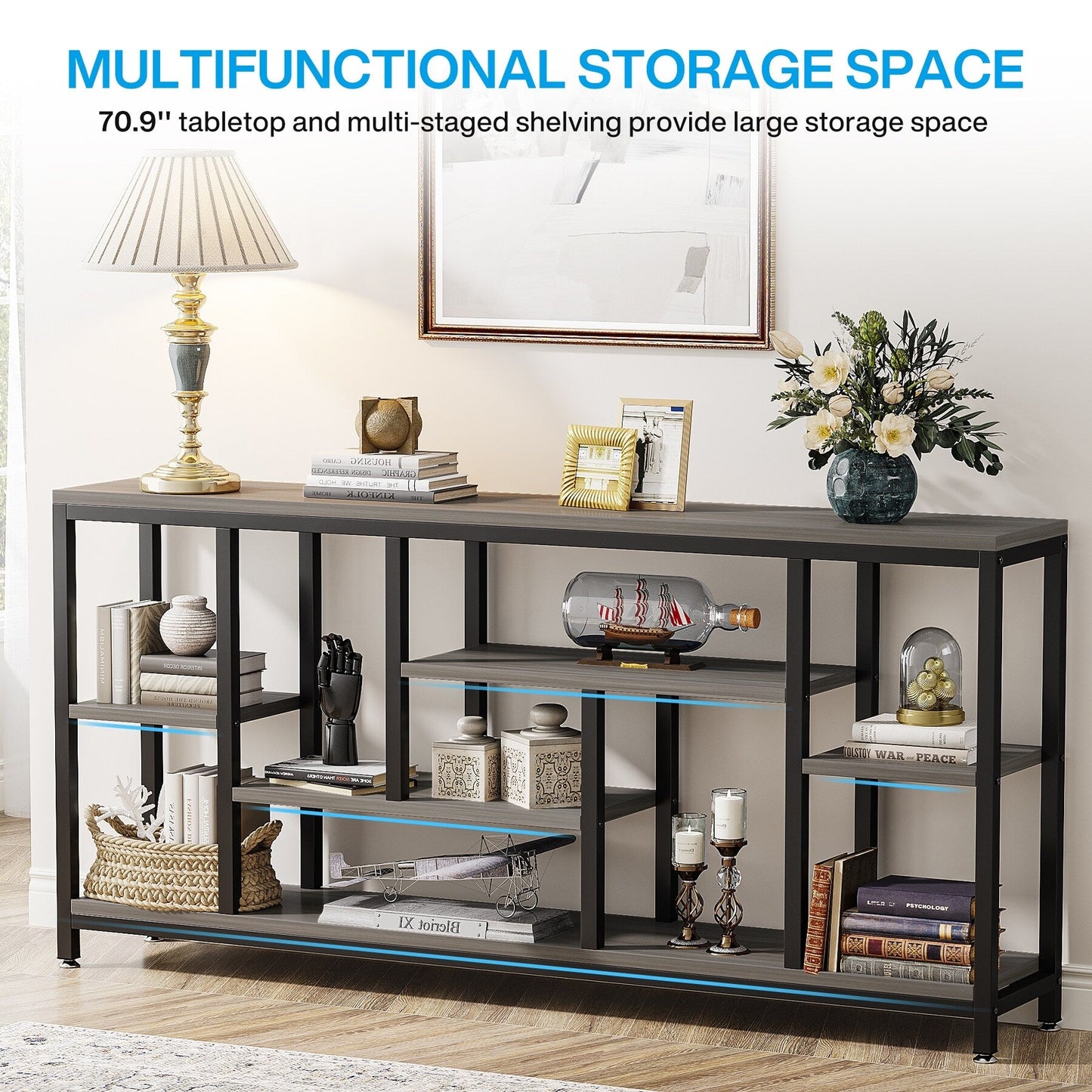 Table console de canapé de 180 cm avec rangement, table d'entrée à 3 niveaux pour couloir