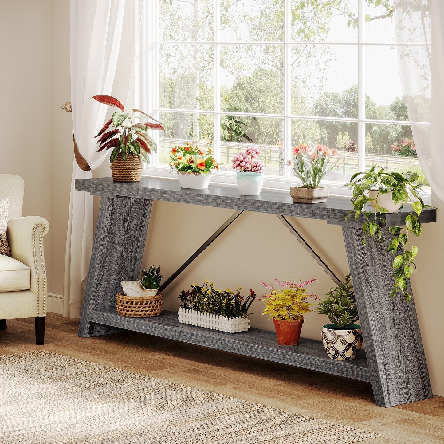 Table console de canapé en bois rustique de 180 cm de long avec étagère de rangement