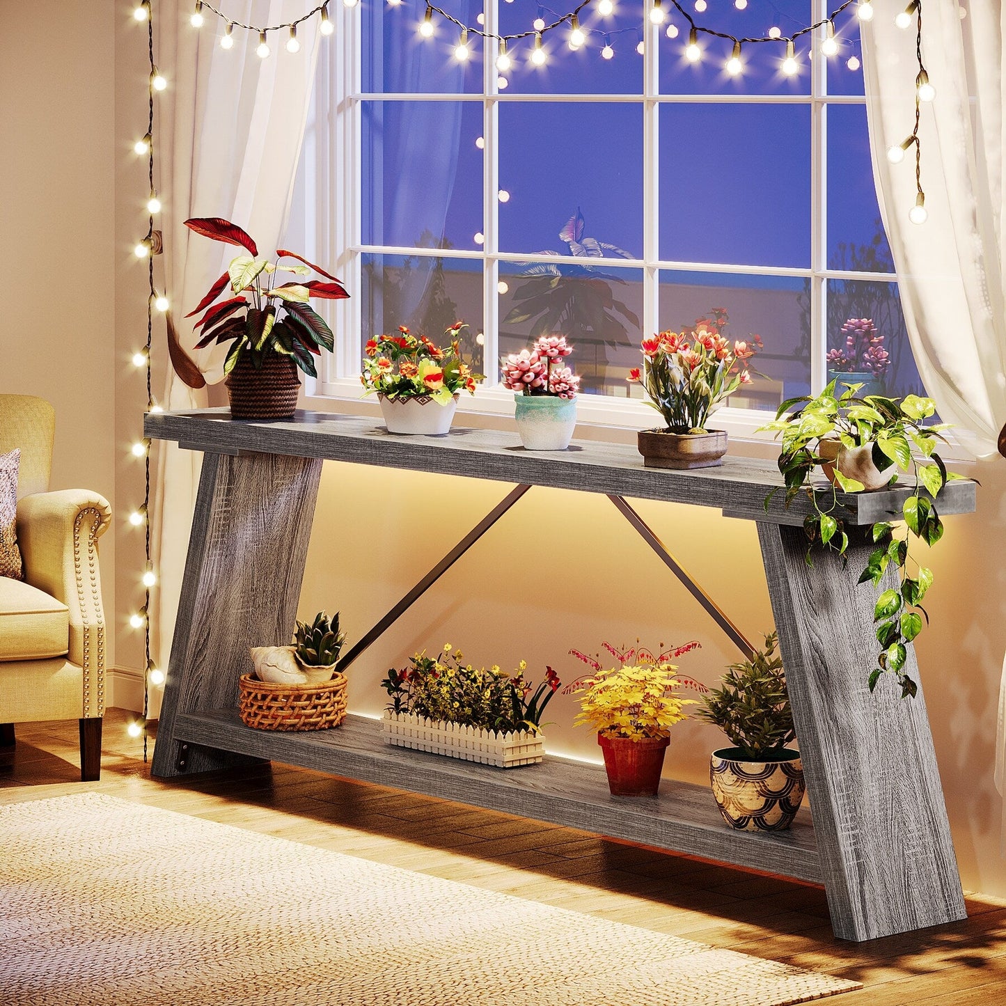 Table console de canapé en bois rustique de 180 cm de long avec étagère de rangement