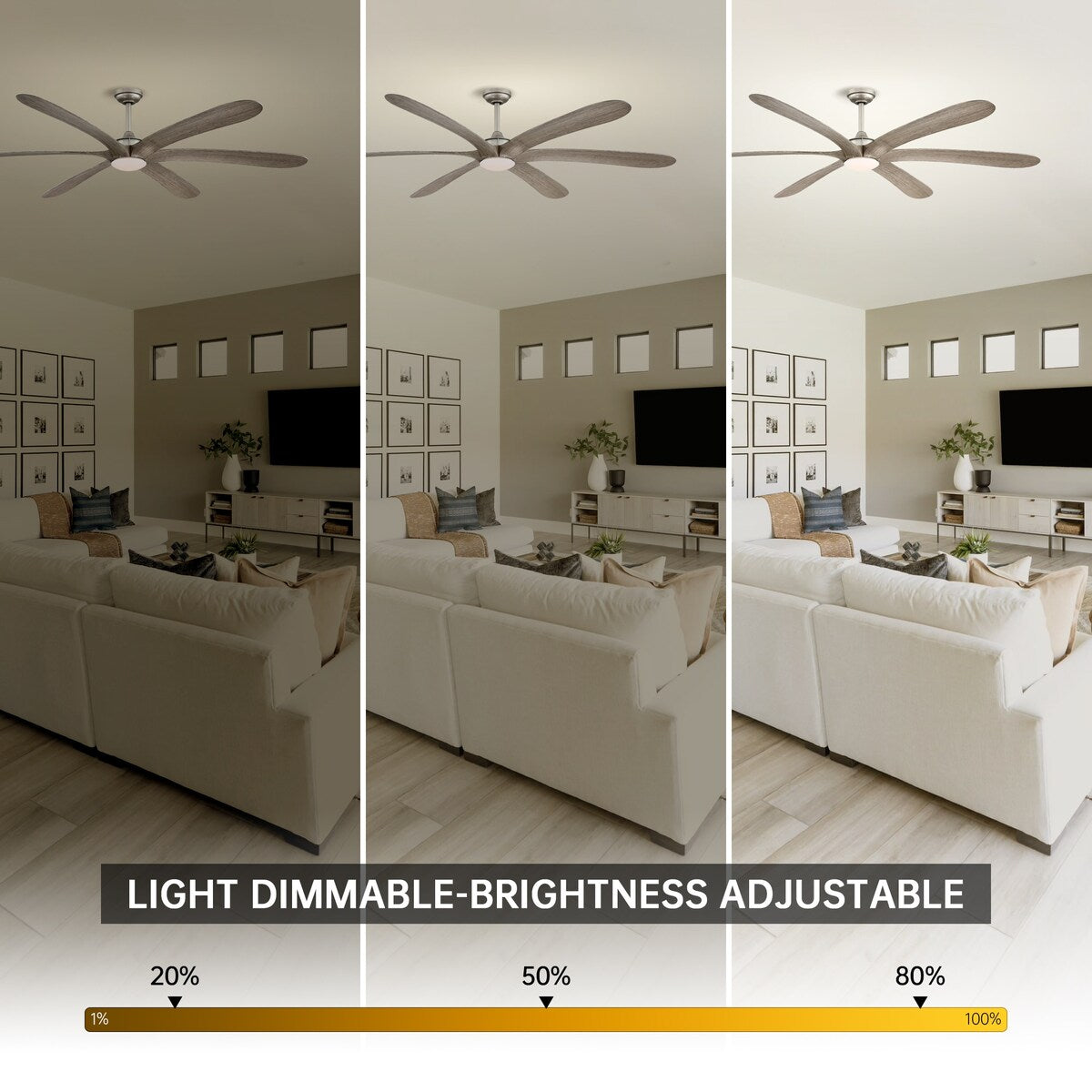 Ventilateur de plafond à courant continu de 183 cm (72 pouces) à 6 pales en bois flotté avec éclairage et télécommande