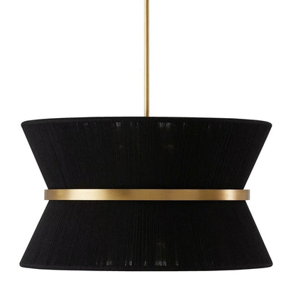 Grand lustre tambour bohème moderne à 8 lumières, 60 cm (24 pouces), en tissu, en forme de sablier, tissé à la main, en or/noir, pour salle à manger/salon.
