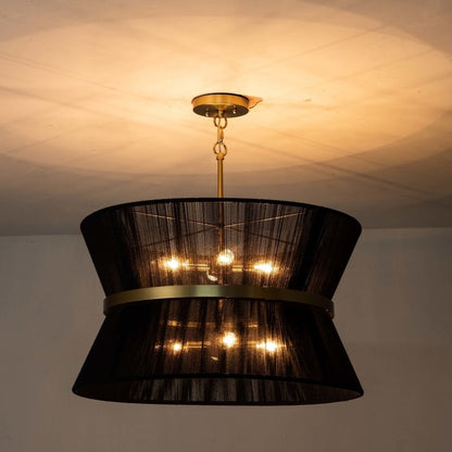 Grand lustre tambour bohème moderne à 8 lumières, 60 cm (24 pouces), en tissu, en forme de sablier, tissé à la main, en or/noir, pour salle à manger/salon.