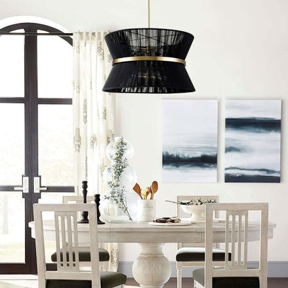 Grand lustre tambour bohème moderne à 8 lumières, 60 cm (24 pouces), en tissu, en forme de sablier, tissé à la main, en or/noir, pour salle à manger/salon.