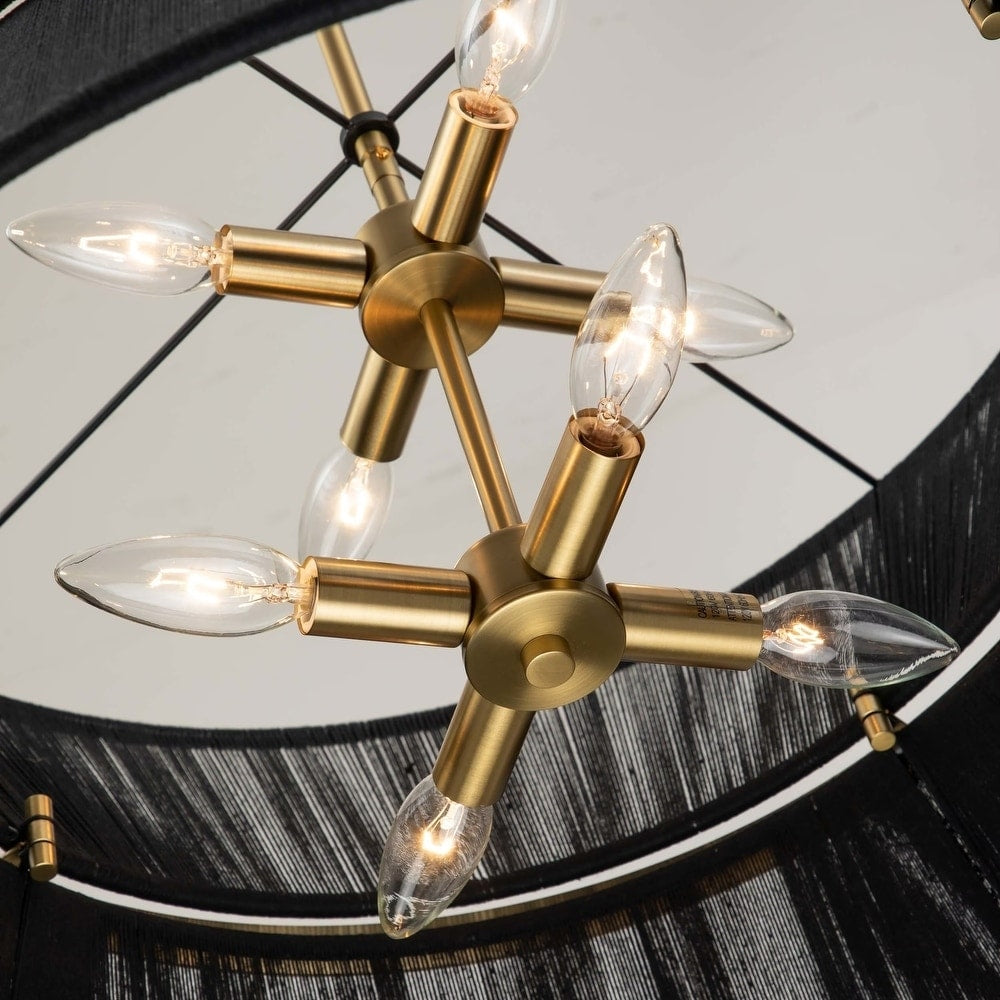 Grand lustre tambour bohème moderne à 8 lumières, 60 cm (24 pouces), en tissu, en forme de sablier, tissé à la main, en or/noir, pour salle à manger/salon.