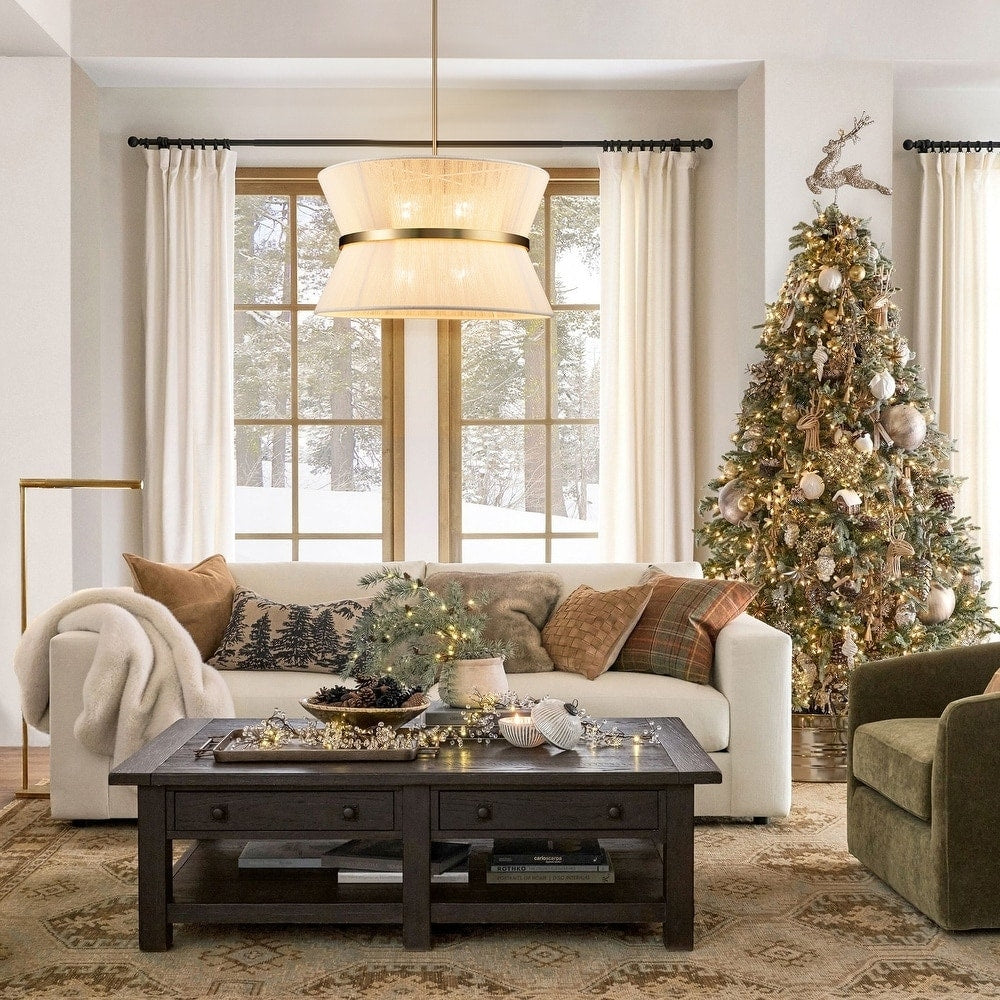 Grand lustre tambour bohème moderne à 8 lumières, 60 cm (24 pouces), en tissu, en forme de sablier, tissé à la main, en or/noir, pour salle à manger/salon.