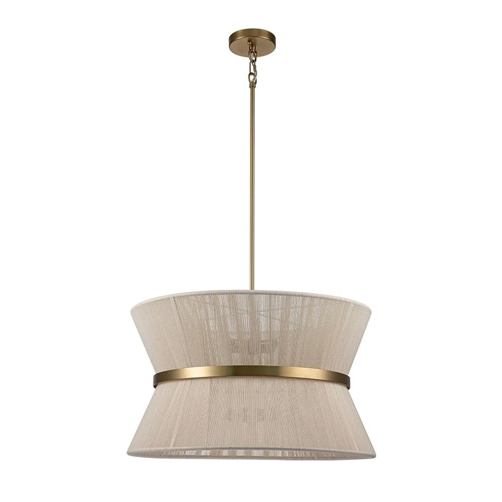 Grand lustre tambour bohème moderne à 8 lumières, 60 cm (24 pouces), en tissu, en forme de sablier, tissé à la main, en or/noir, pour salle à manger/salon.